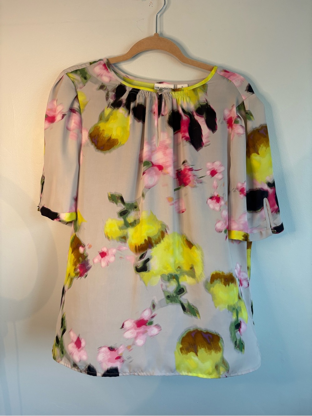 Liz Claiborne Floral Watercolor Blouse - Yellow, Pink, Black